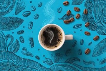 A cup of hot beverage with beans and decorative artwork.