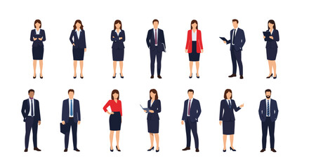 Collection of diverse business people, men and women in professional attire, standing in various poses as a corporate team set.