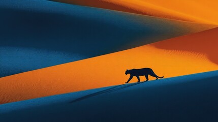 A black panther walking on the dunes of a desert