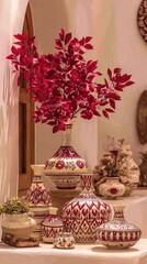 a bohemian-inspired display of vases and ceramic pots