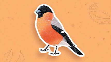 Sticker an orange and black bullfinch on an orange background