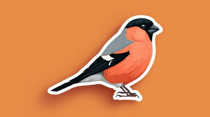 Sticker an orange and black bullfinch on an orange background