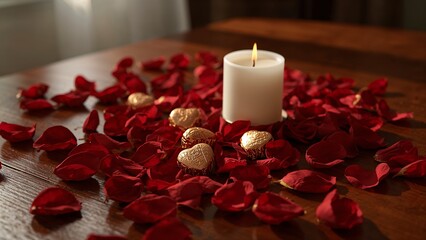 Luxury valentine's romance scene with candle, petals, and golden heart chocolates.