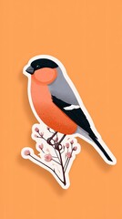 Sticker an orange and black bullfinch on an orange background