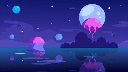 Illustration of planets and jellyfish in space scene © Djujjol