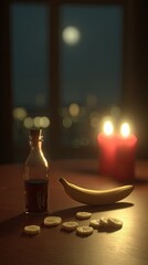 a bottle of dark amber-colored balsamic vinegar, in the style of a balm, with some sliced fruit and a banana nearby, on the table 