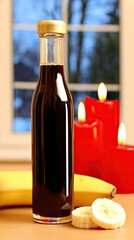 a bottle of dark amber-colored balsamic vinegar, in the style of a balm, with some sliced fruit and a banana nearby, on the table 