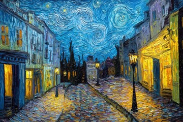 A Painting of a City Street at Night with Starry Sky