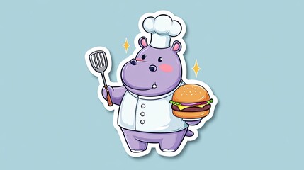 Sticker, featuring a purple hippopotamus dressed as a chef