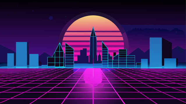 Retro cityscape with grid and sunset illustration