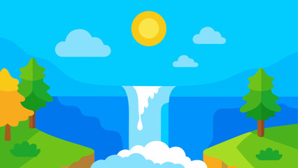 Fototapeta premium Illustration of waterfall with trees and clouds sun