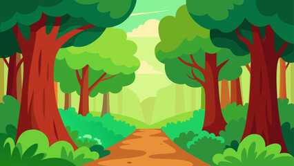 Cartoon forest scene with path and trees drawing © Djujjol