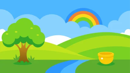 Fototapeten Lindgrün Cartoon landscape with rainbow pot of gold and tree  © Djujjol