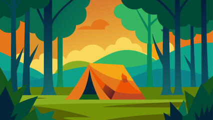 Camping scene with tent trees and sunset landscape © Djujjol