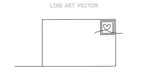 Minimalist continuous line drawing of an envelope with a heartshaped stamp. Simple graphic design representing love, communication, and mail correspondence. Vector illustration
