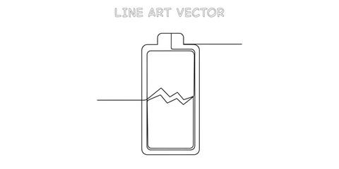 Continuous line drawing of a battery icon with a jagged energy indicator inside. Modern minimalist design for power and charging concepts. Vector illustration
