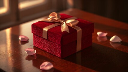 Luxurious red gift box with golden ribbon and romantic rose petals illuminated by warm light.