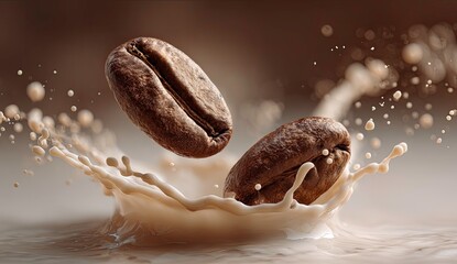 Coffee beans splash into fresh milk droplets beautifully.