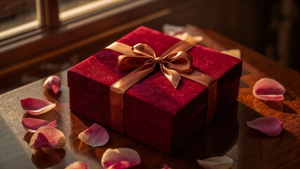 Luxurious Red Velvet Gift Box with Rose Petals in Golden Window Light.