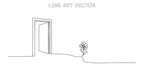Continuous line drawing of an open door leading to a blooming flower. Minimalist concept representing new opportunities, growth, and hope for the future. Clean design element. Vector illustration