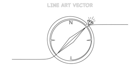 Continuous line drawing of a compass with a sparkling diamond. Concept of finding true north, luxury travel, or valuable direction in business and life. Vector illustration