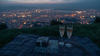 Luxury romantic picnic setup with champagne flutes and gifts against cityscape bokeh.