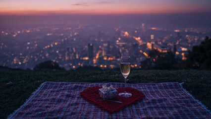 Luxury romantic picnic setup with champagne overlooking the city lights at dusk.