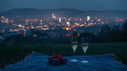 Romantic champagne toast with city lights bokeh for anniversary celebration