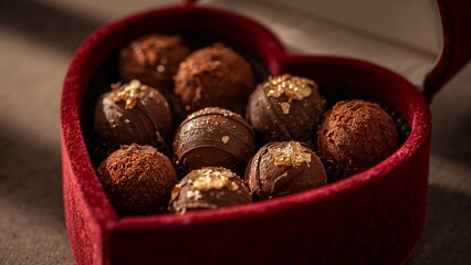 Decadent gold-flaked chocolate truffles in a red velvet heart box.