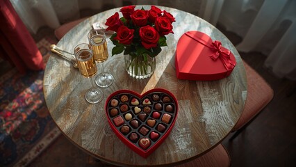 Romantic Setting with Red Roses, Champagne, and Luxury Heart Chocolates for Valentine's Day.