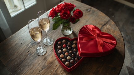 Romantic Valentine's setting with red roses, champagne, and luxury chocolate truffles.
