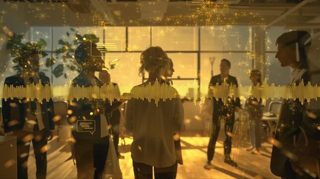 Cinematic workplace anonymous employee silhouettes soft glowing text bubbles sound wave forms, feedback environment, office space gradually transforming brighter lighting, greenery, open collaborative