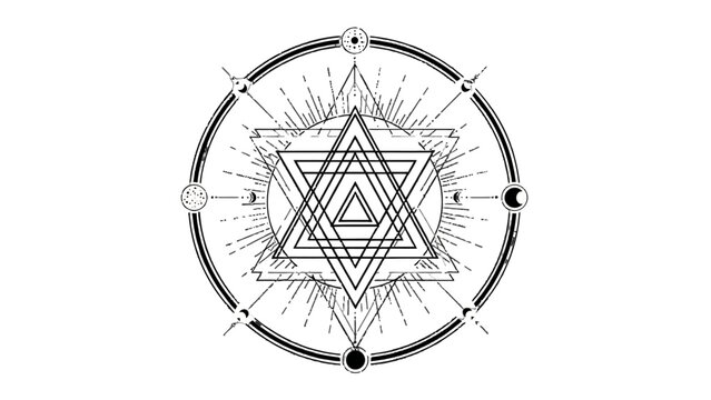 Intricate sacred geometry mandala with esoteric symbols, black and white design on isolated white background.