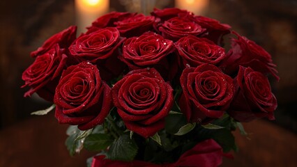 Romantic red rose bouquet with water droplets, candlelight bokeh background.