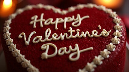 Happy Valentine's Day Red Velvet Cake with Cream Frosting and Romantic Candlelight Background.