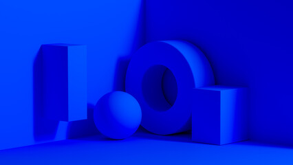 Shapes in blue light with simple geometric forms and shadows