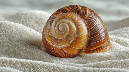 Beautiful seashell on white sand with perfect spiral