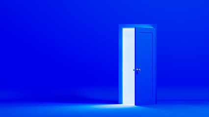 Door opens in blue room shining with bright light