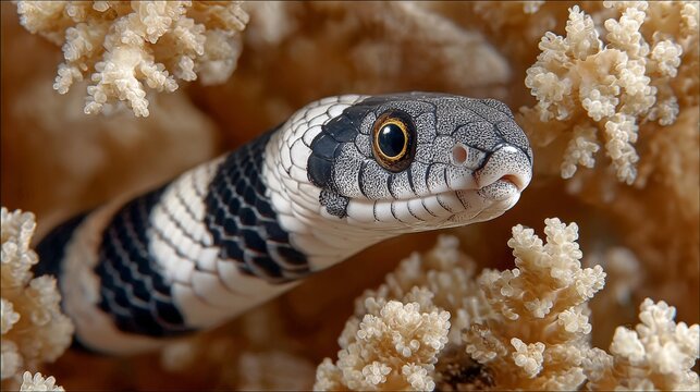 Banded sea krait snake hunting in coral reef