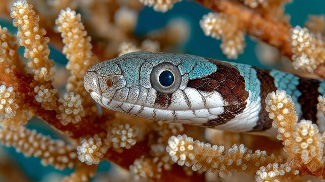 Underwater shot of banded sea krait in coral