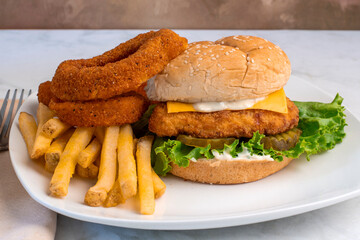 chicken sandwich  with fries and onion rings
