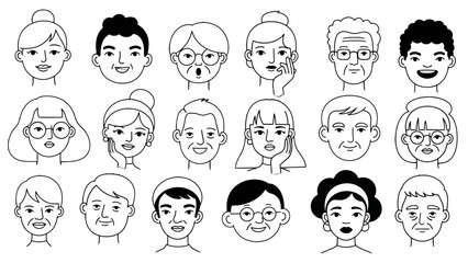 Diverse collection of hand-drawn male and female faces of various ages and ethnicities, black and white outline avatars on isolated white background.