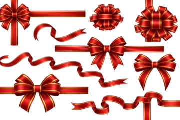 Collection of glossy red gift ribbons and bows with golden edges on a transparent background, vector graphic elements.