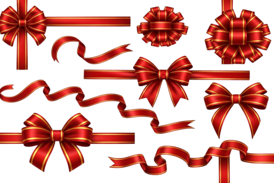 Collection of glossy red gift ribbons and bows with golden edges on a transparent background, vector graphic elements. - Powered by Adobe