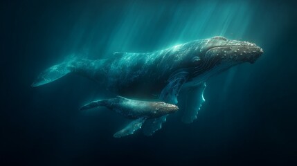 Humpback whale mother and calf swimming together