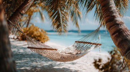 Hammock between palm trees on white sand beach