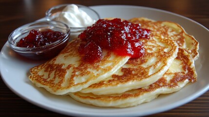 Plate of sirniki cheese pancakes with jam