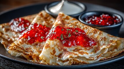 Delicious sirniki pancakes with berry jam