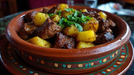 Hearty zharkoe meat stew in ceramic pot