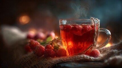 Steamy glass of tea with berries and herbs